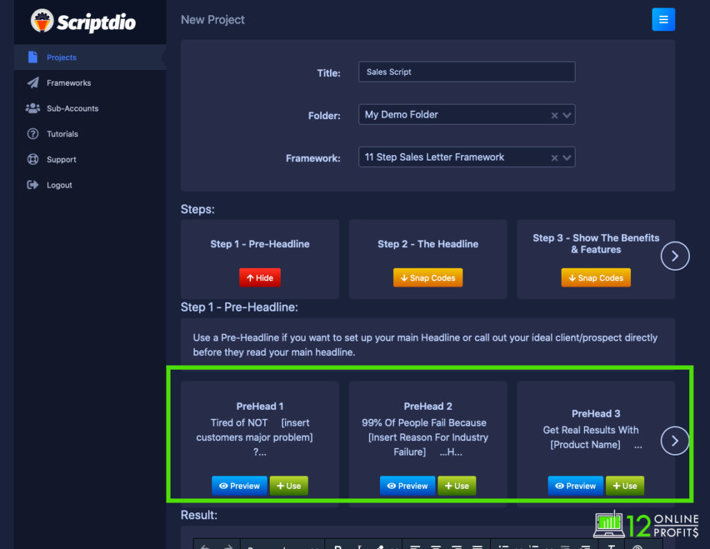 Scriptdio Review - Step 4 - select one of the many pre written done for you swipes
