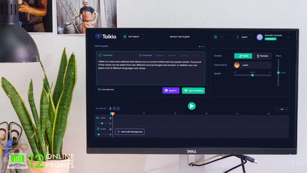 In this Talkia review, I am currently describing the editor screen in detail. The Talkia editor screen with its intuitive user interface is shown with the three different sections: Text input, Voice selection and audio composer