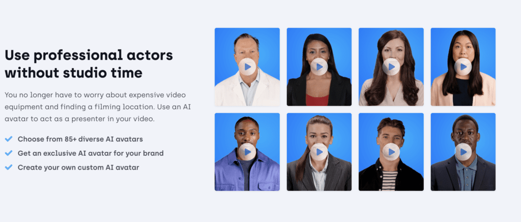 Synthesiaio allows you to select your avatar for your talking head video from over 85 AI avartars