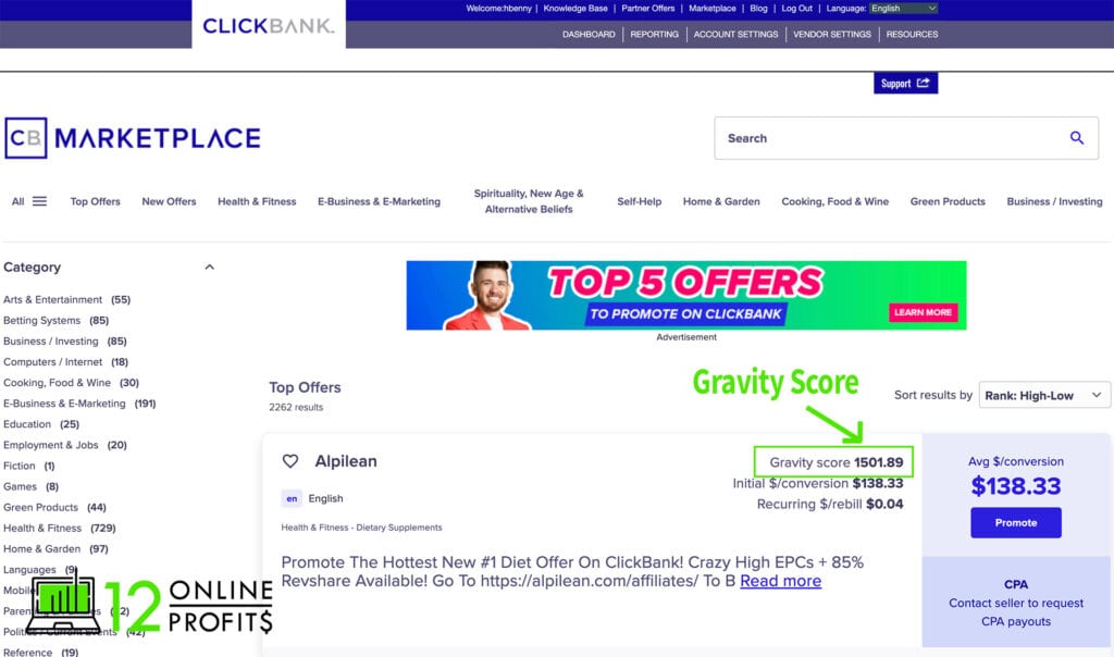 What is Clickbank Gravity and Where to find the Clickbank Gravity Score in the interface